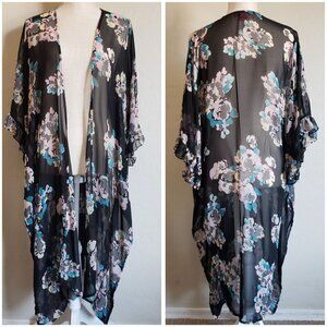 Betsey Johnson Sheer Floral Duster Kimono Ruffle Sleeve Black Sz Womens One Size